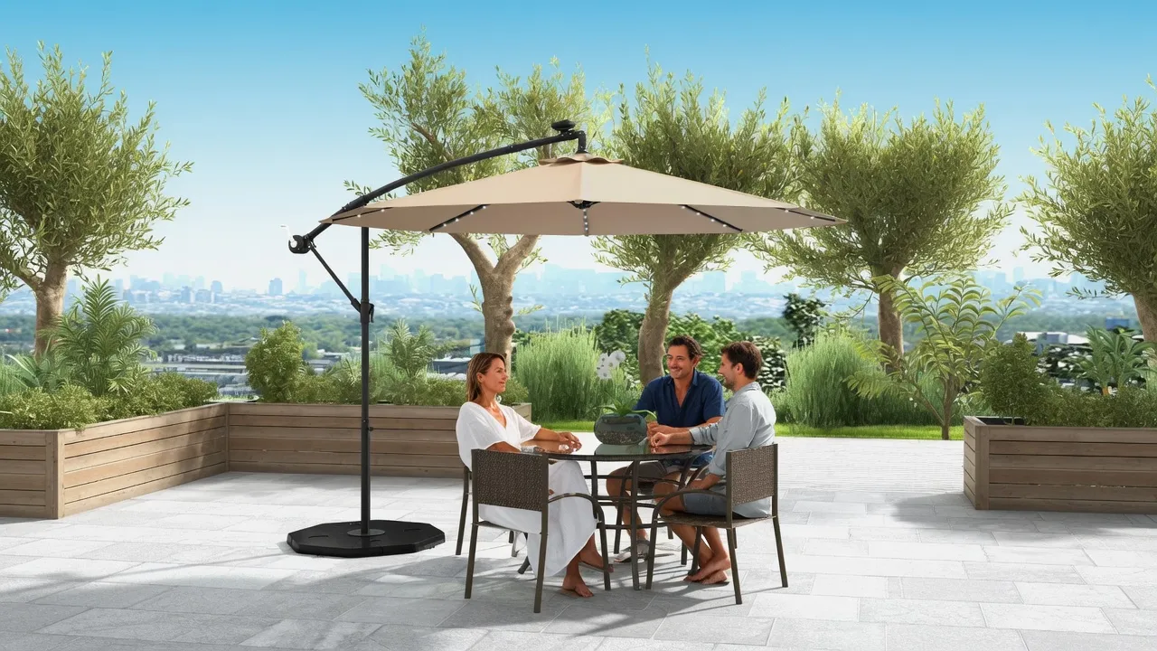 Cantilever umbrella over a residential garden lounge set