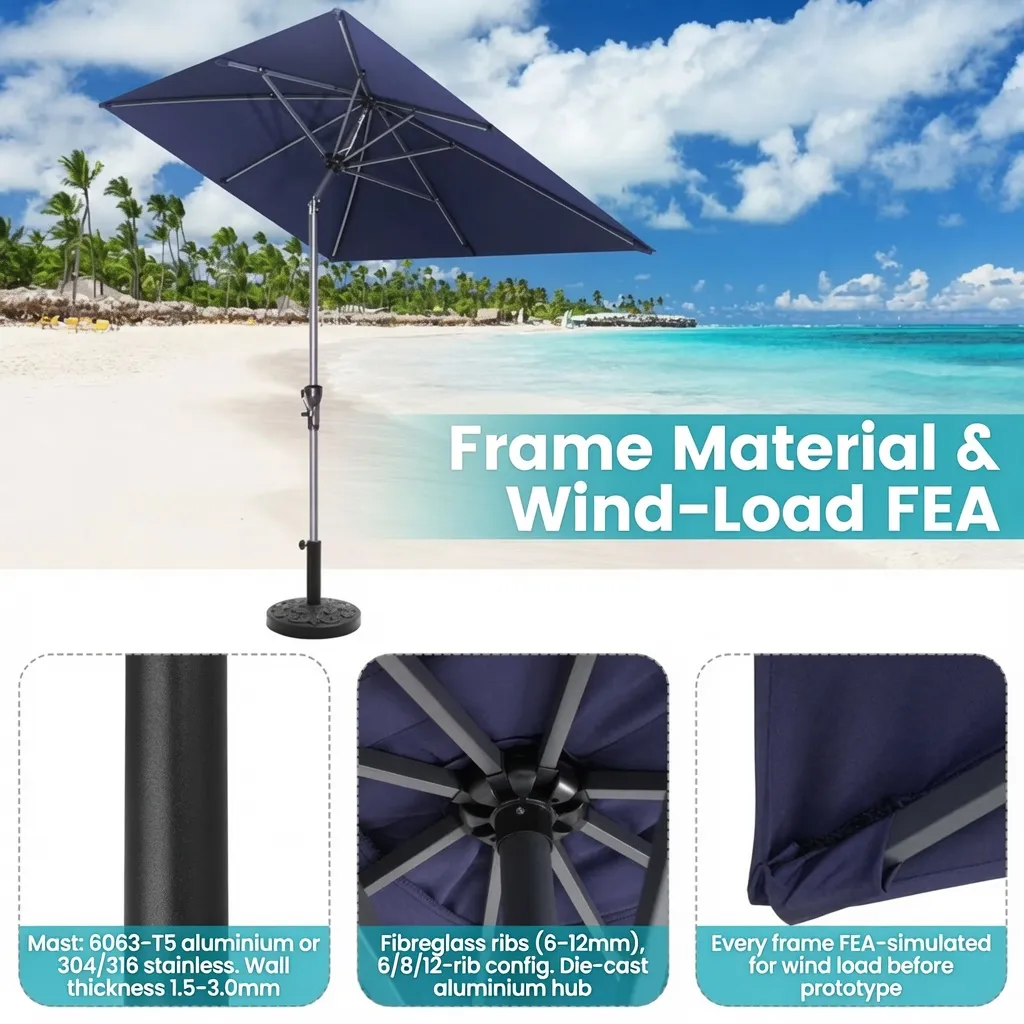 Custom umbrella frame material and structural engineering