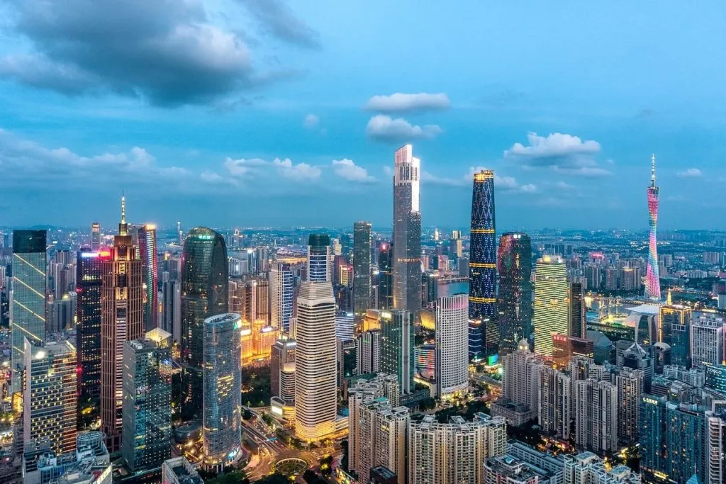Guangzhou Pazhou skyline at dusk