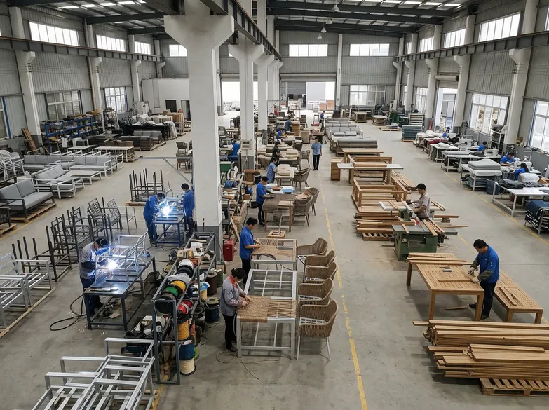 Outdoor furniture production workshop — aluminum frame welding and wicker weaving
