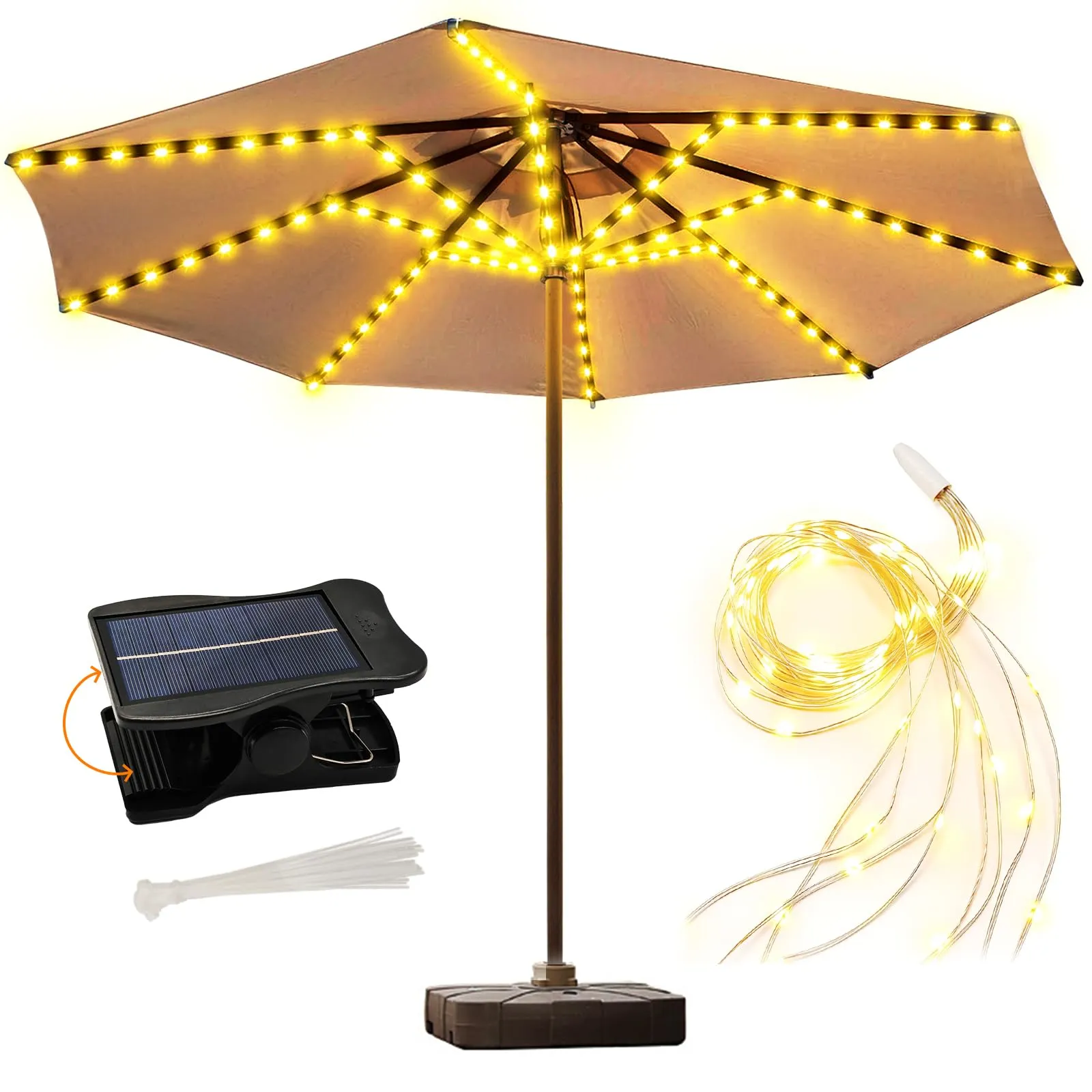 Solar LED patio umbrella with integrated rib lighting
