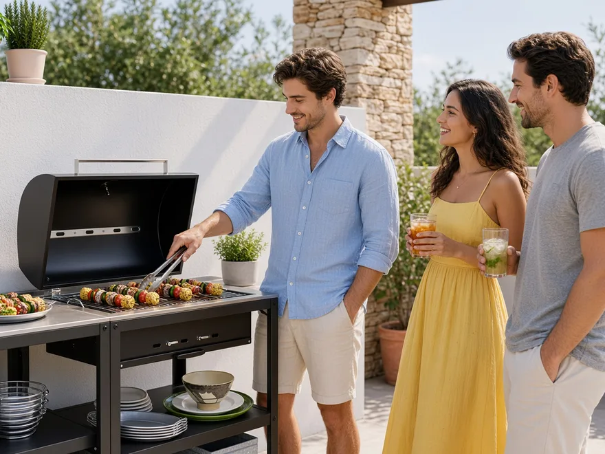Charcoal BBQ grills installed in a customer outdoor kitchen
