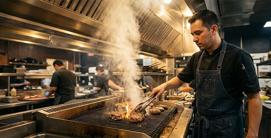 Charcoal BBQ grills in a commercial outdoor cooking setup