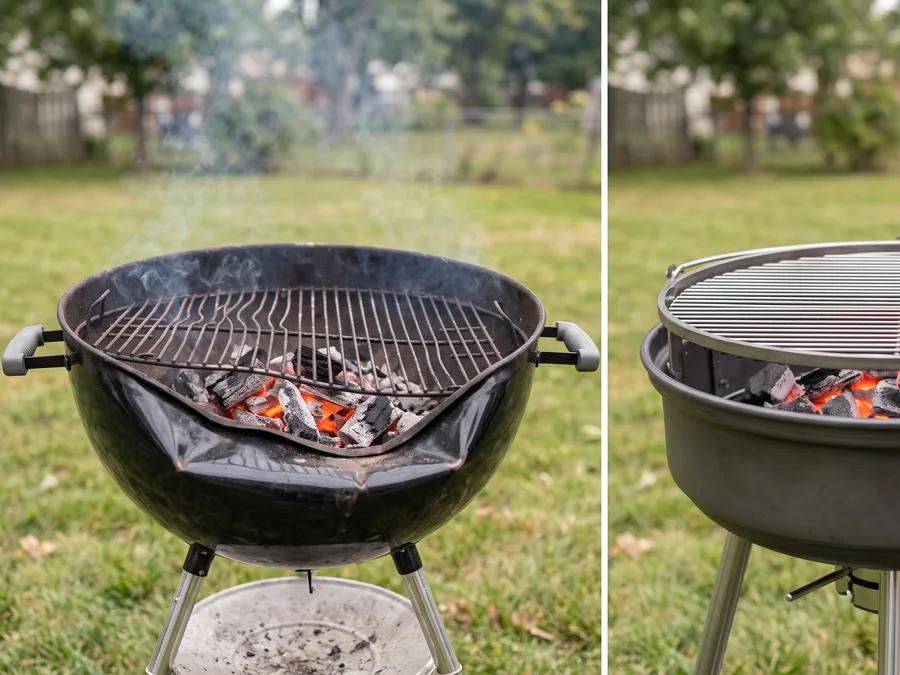 Firebox and cooking grate on a charcoal grill