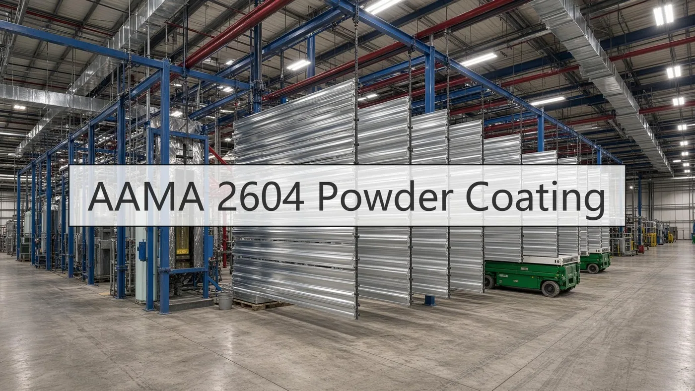 Overhead conveyor powder coating line in a factory, with the AAMA 2604 Powder Coating title card overlaid