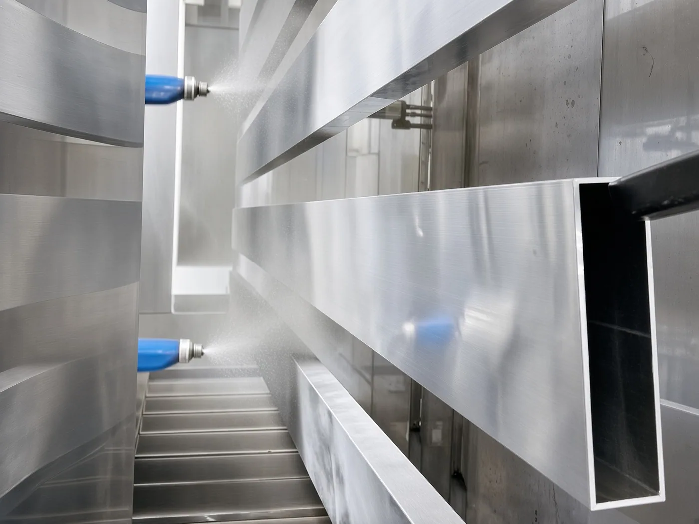 Two electrostatic spray nozzles applying powder to stacked aluminum extrusion profiles inside a coating booth