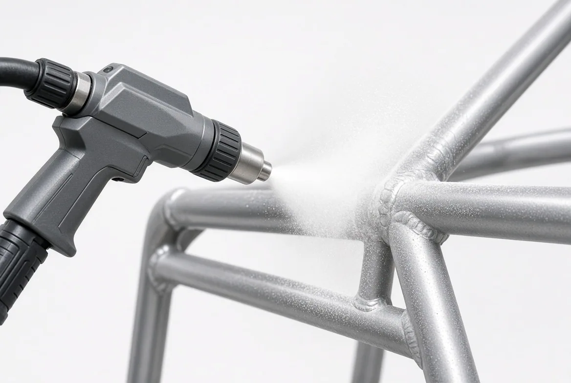 Powder spray gun applying coating to the welded joint of an aluminum chair frame