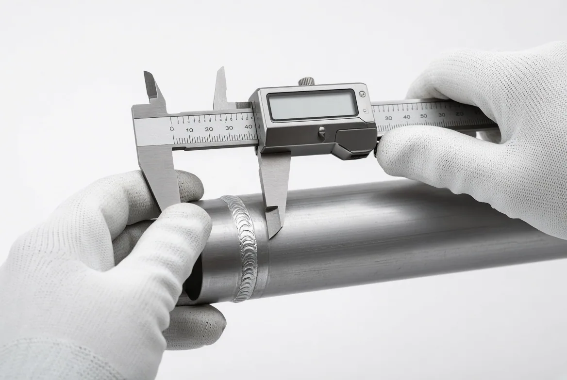 Gloved technician measuring a welded aluminum tube joint with a digital caliper