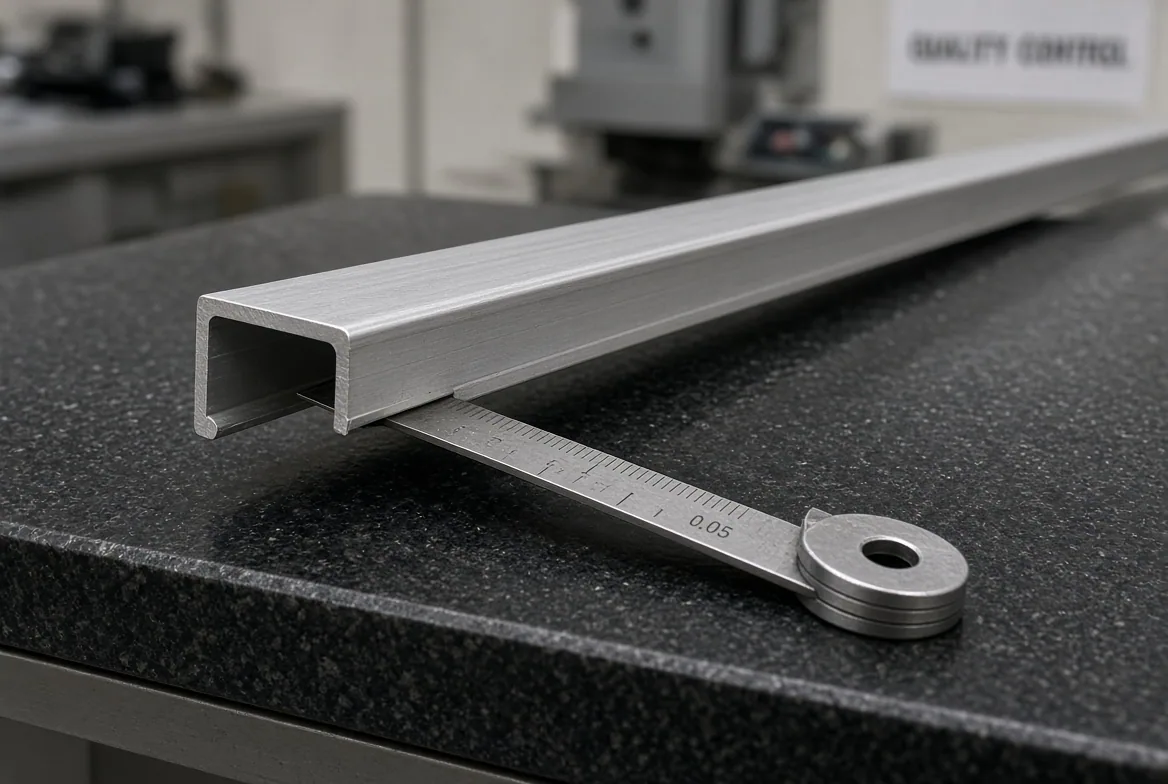 Square aluminium extrusion tube resting on a granite surface plate beside a radius gauge