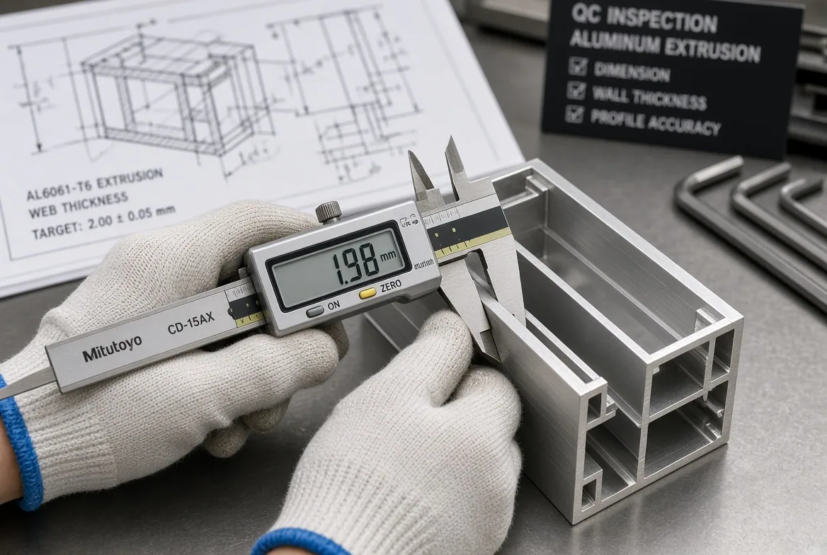 Gloved hands measuring the wall thickness of an anodised aluminium extrusion with a digital caliper reading 1.98 mm, beside a section drawing marked with a web thickness target of 2.00 ± 0.05 mm
