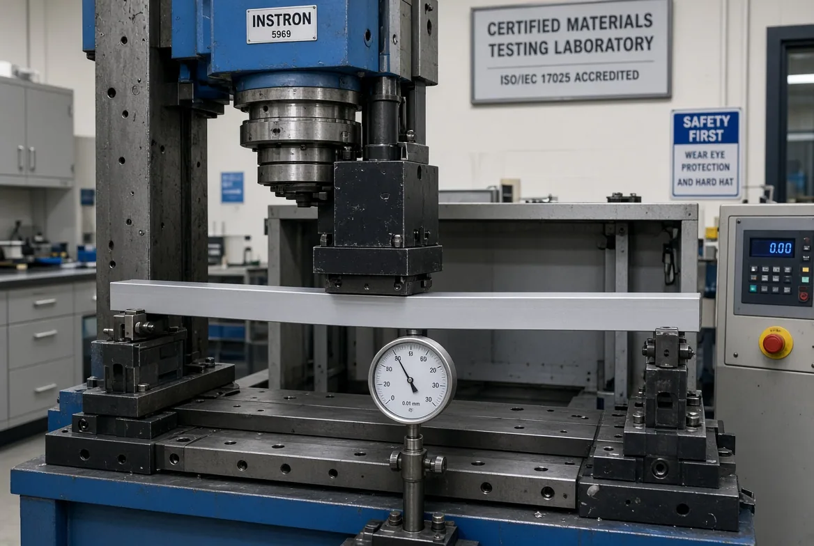 Three-point bend test rig with an aluminium beam loaded at mid-span and a dial indicator measuring deflection beneath it