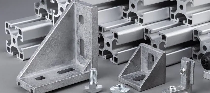 Assorted aluminium structural profiles, corner brackets and fasteners laid out on a grey workshop bench