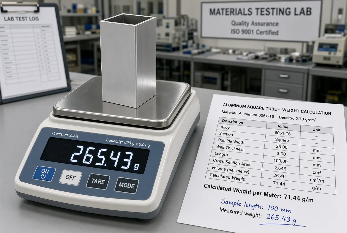 Precision scale weighing an aluminium square tube sample beside a printed weight-calculation sheet in a materials testing lab