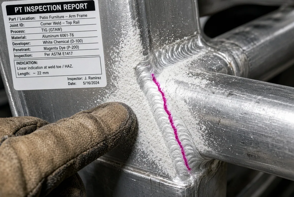 Dye penetrant inspection of a welded aluminium frame corner, with a magenta indication along the weld toe beside a PT inspection report