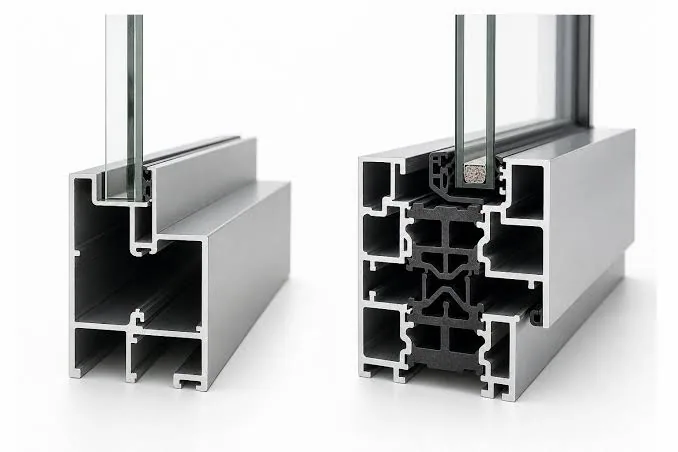 Two cross-sections of thermal-break aluminium window profiles shown side by side, revealing different wall and chamber layouts