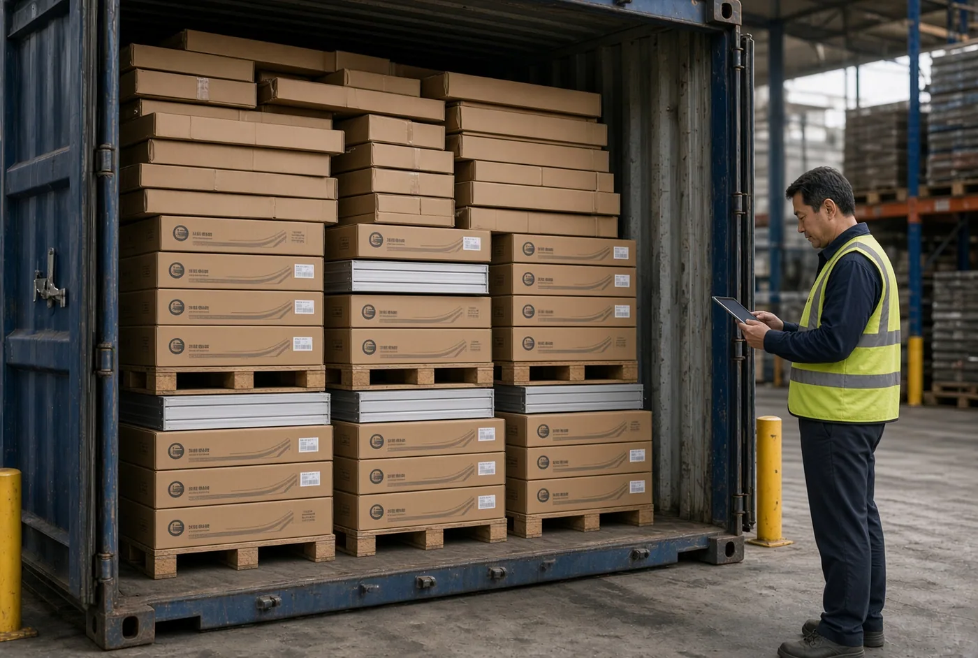 Loading supervisor with a tablet checking stacked flat-pack cartons filling a 40HQ shipping container at a warehouse door