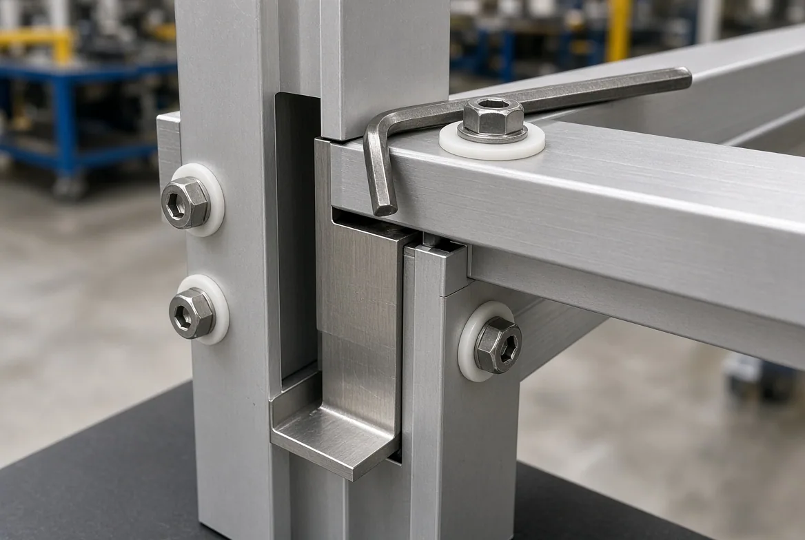 Close-up of a concealed stainless steel bracket and hex bolts joining an aluminum pergola post to a beam on the factory floor