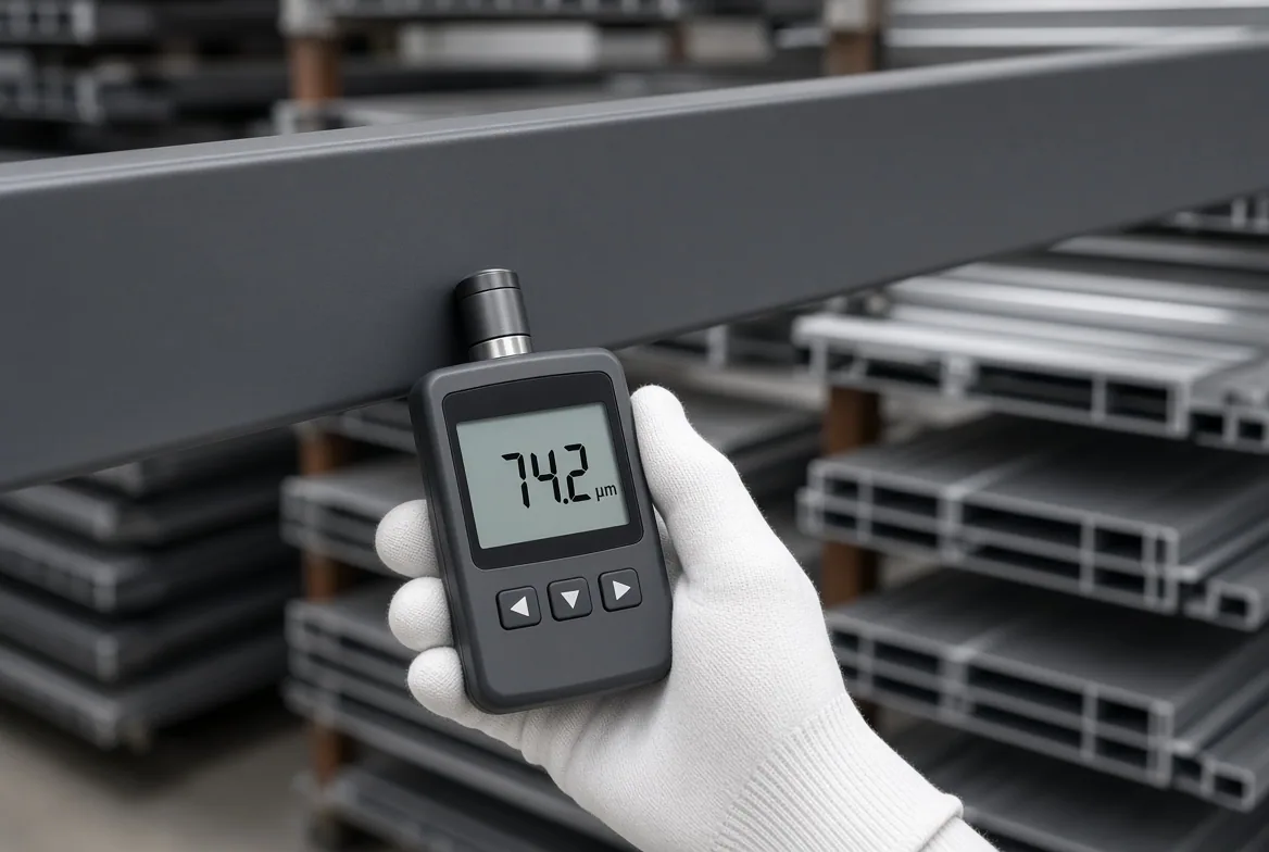 Gloved hand holding a digital coating thickness gauge reading 74.2 microns against a powder-coated aluminum extrusion in a rack