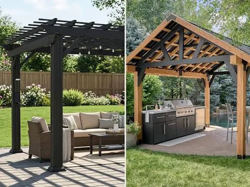 Split image of a dark aluminum pergola over patio seating beside a timber gazebo sheltering an outdoor kitchen and grill