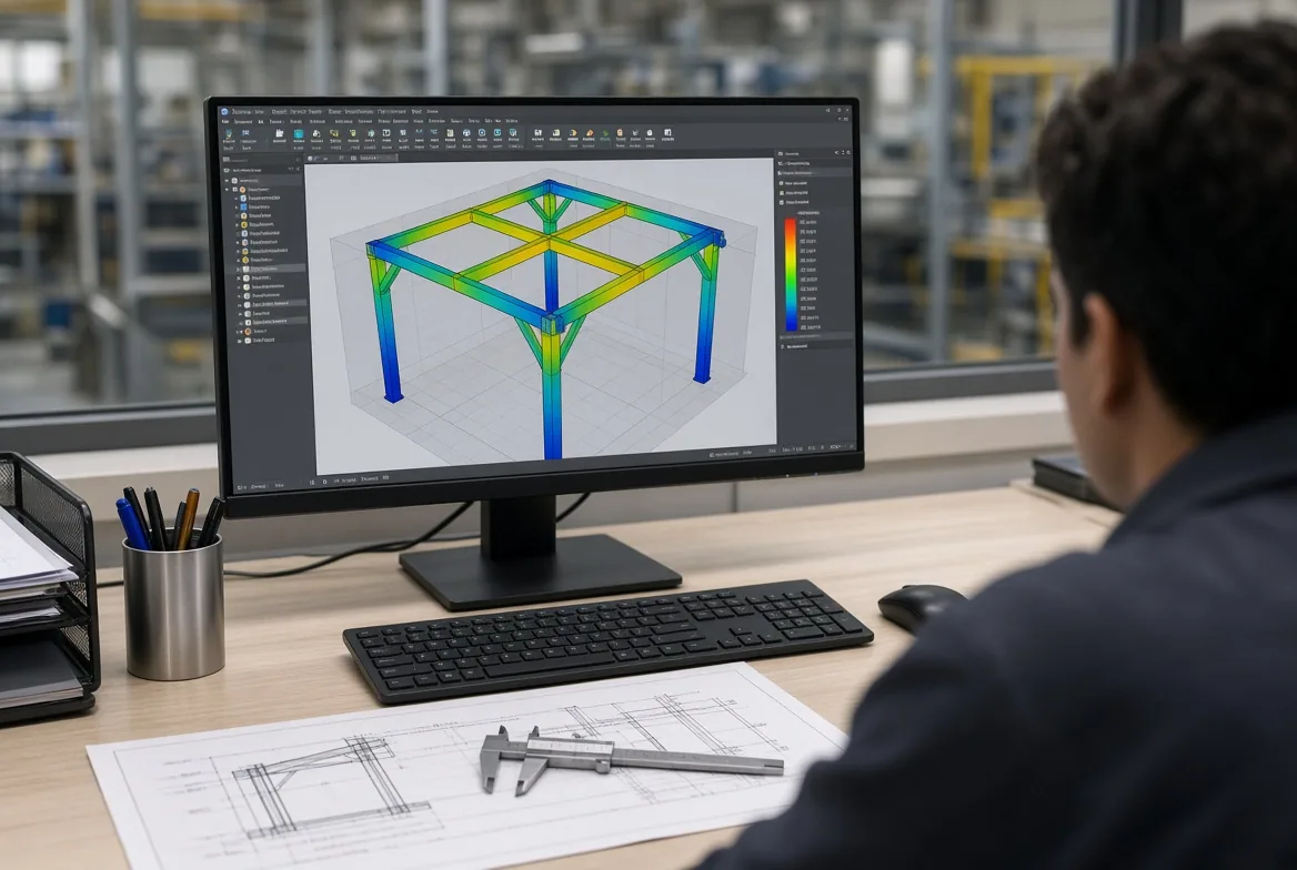 Engineer reviewing a colour-coded finite-element stress analysis of an aluminum pergola frame on a factory CAD workstation