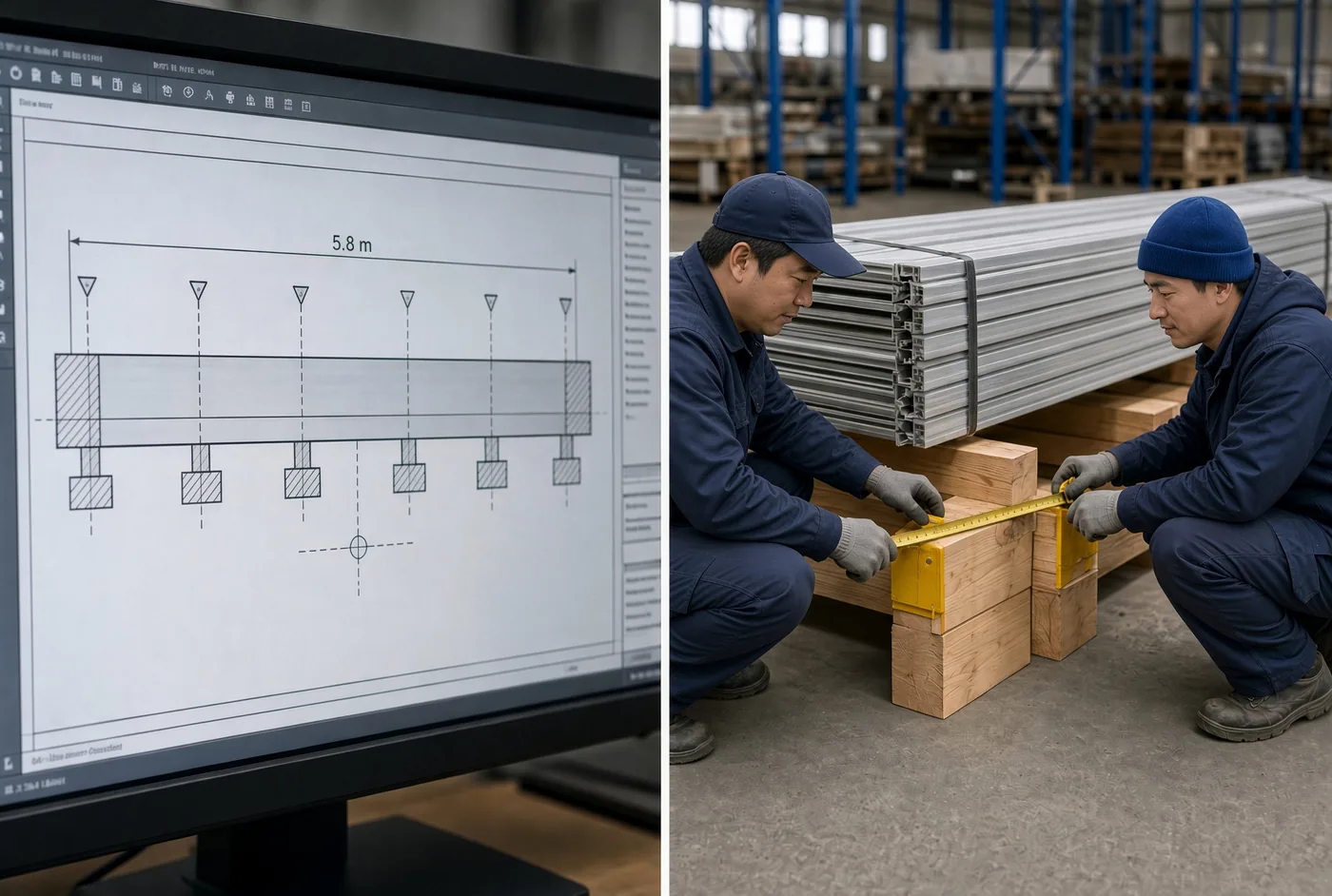 Split view of a CAD support-spacing drawing beside two workers measuring timber cross-braces under a bundle of 5.8 m anodized profiles