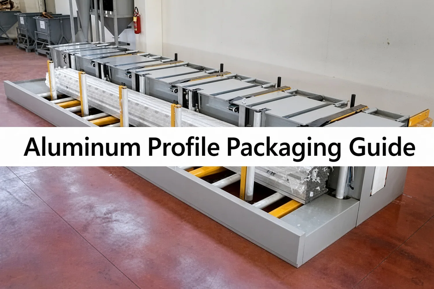 A long run of bundled aluminum extrusion profiles on a warehouse conveyor, captioned Aluminum Profile Packaging Guide