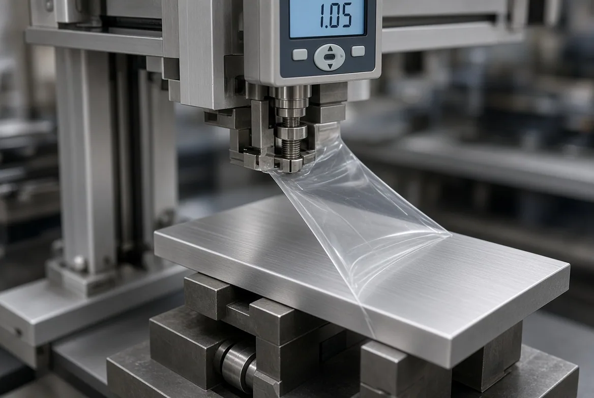 Peel-adhesion test rig pulling clear protective film off a brushed aluminum sheet, digital readout showing 1.05 N/25mm