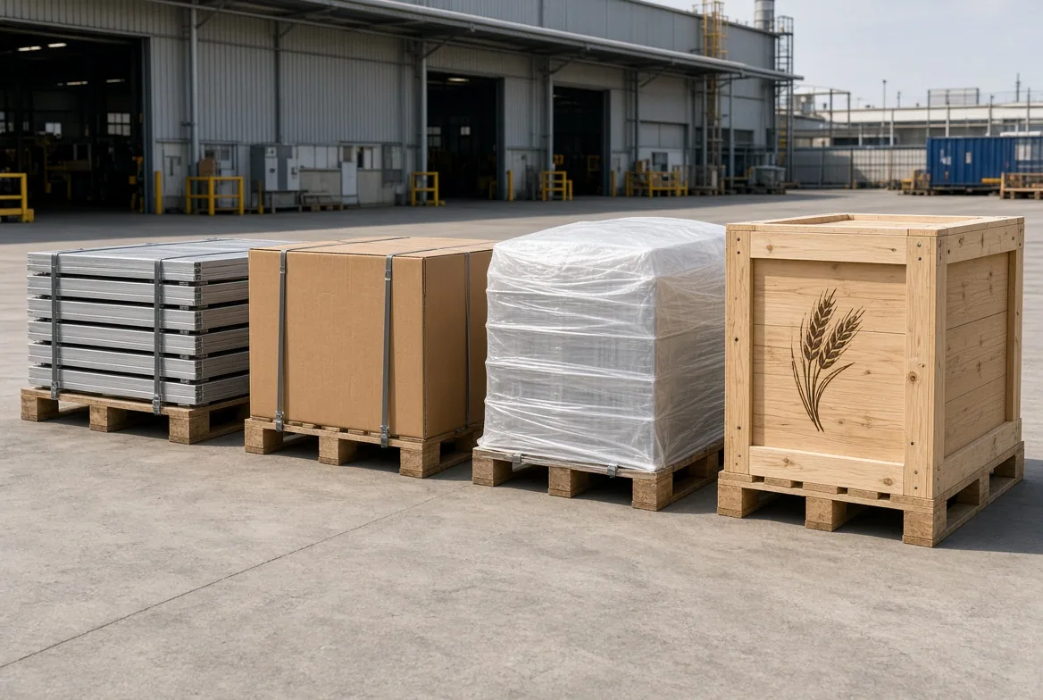 Four outer packaging formats lined up outside a factory: strapped pallet, carton sleeve, shrink-wrapped hood and a reinforced wooden crate