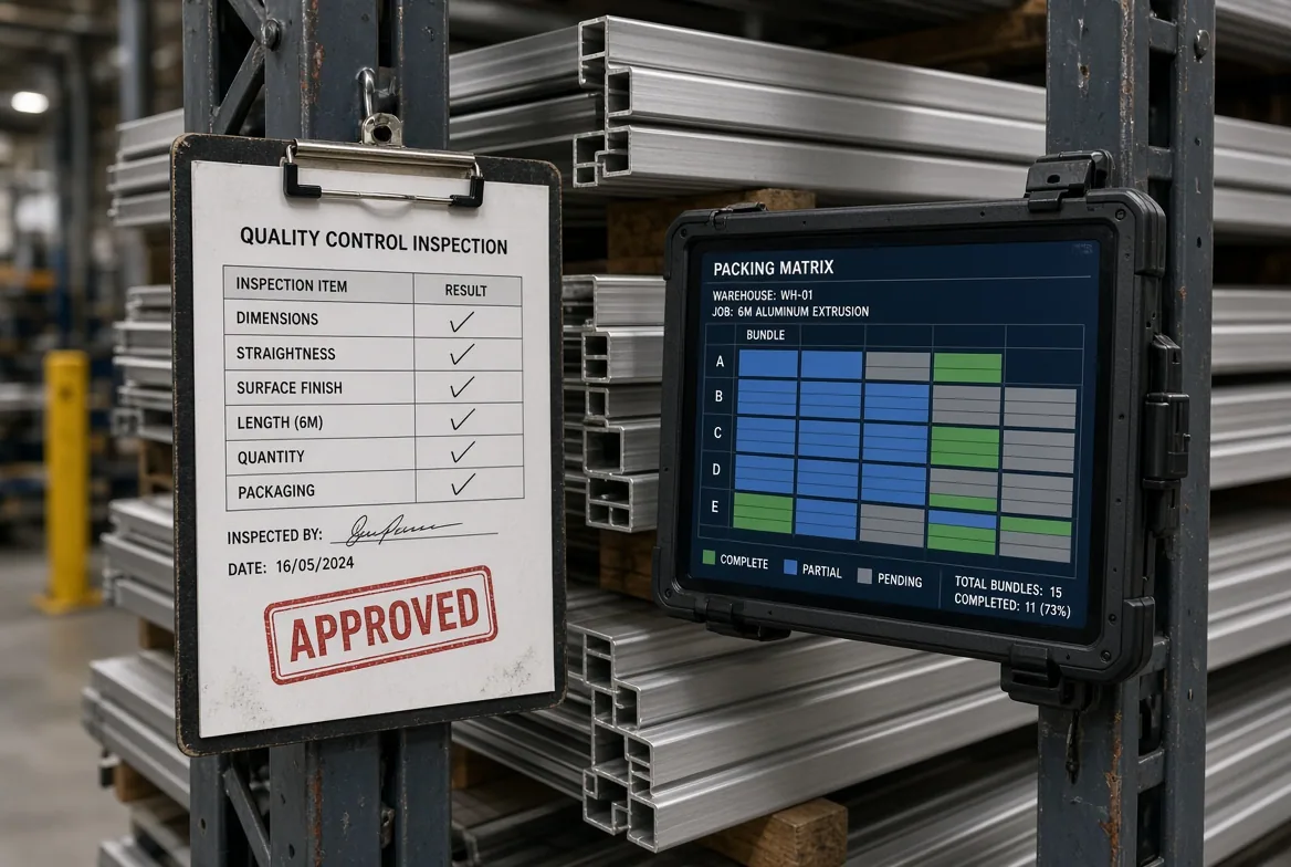 Quality control inspection clipboard with an APPROVED stamp beside a tablet showing a bundle packing-matrix dashboard, in front of racked aluminum extrusions