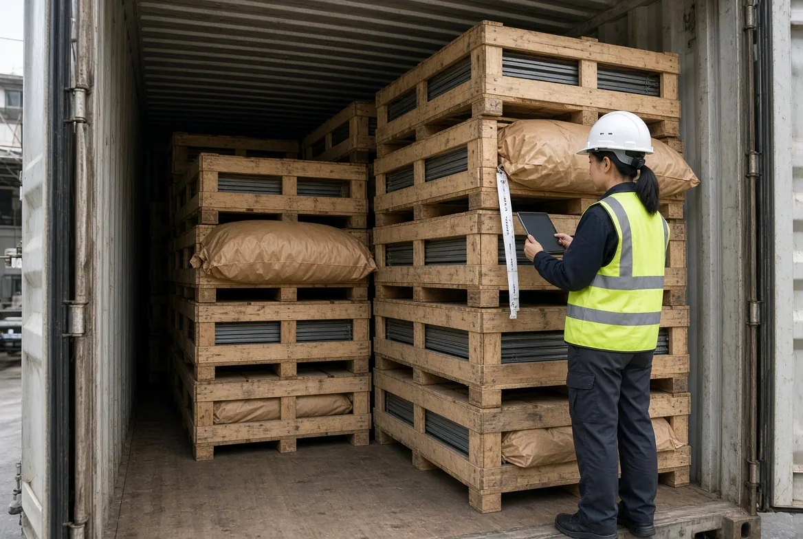 QC inspector in a hi-vis vest and hard hat recording bundle details on a tablet inside a shipping container loaded with crated pallets