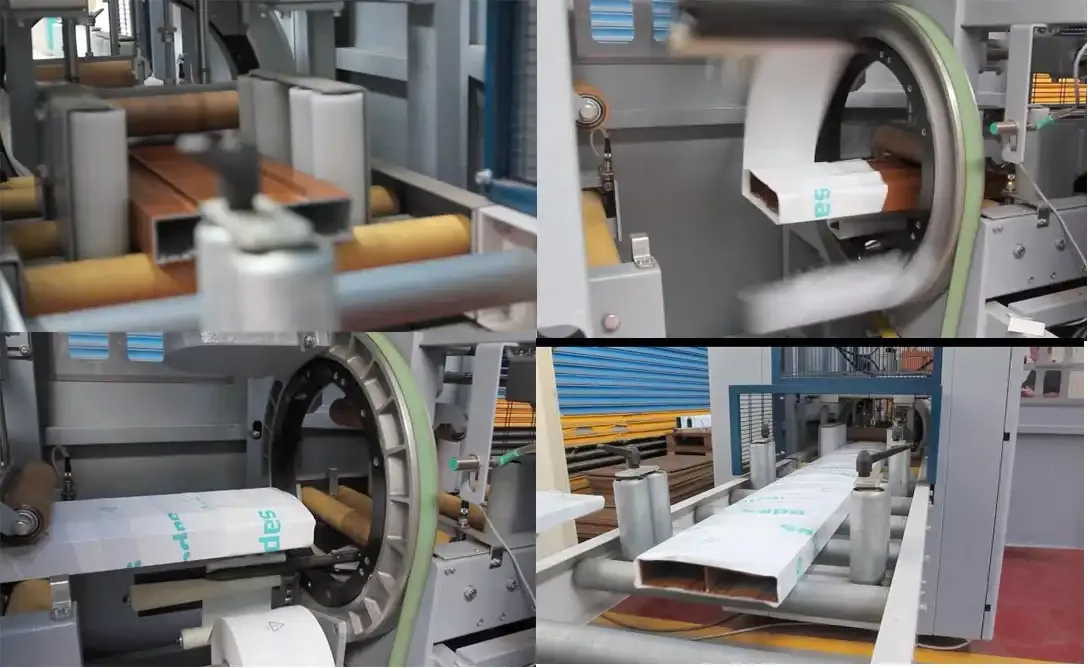 Four-panel view of a horizontal orbital wrapping machine applying protective film and heavy PE stretch wrap to a wood-grain aluminum profile