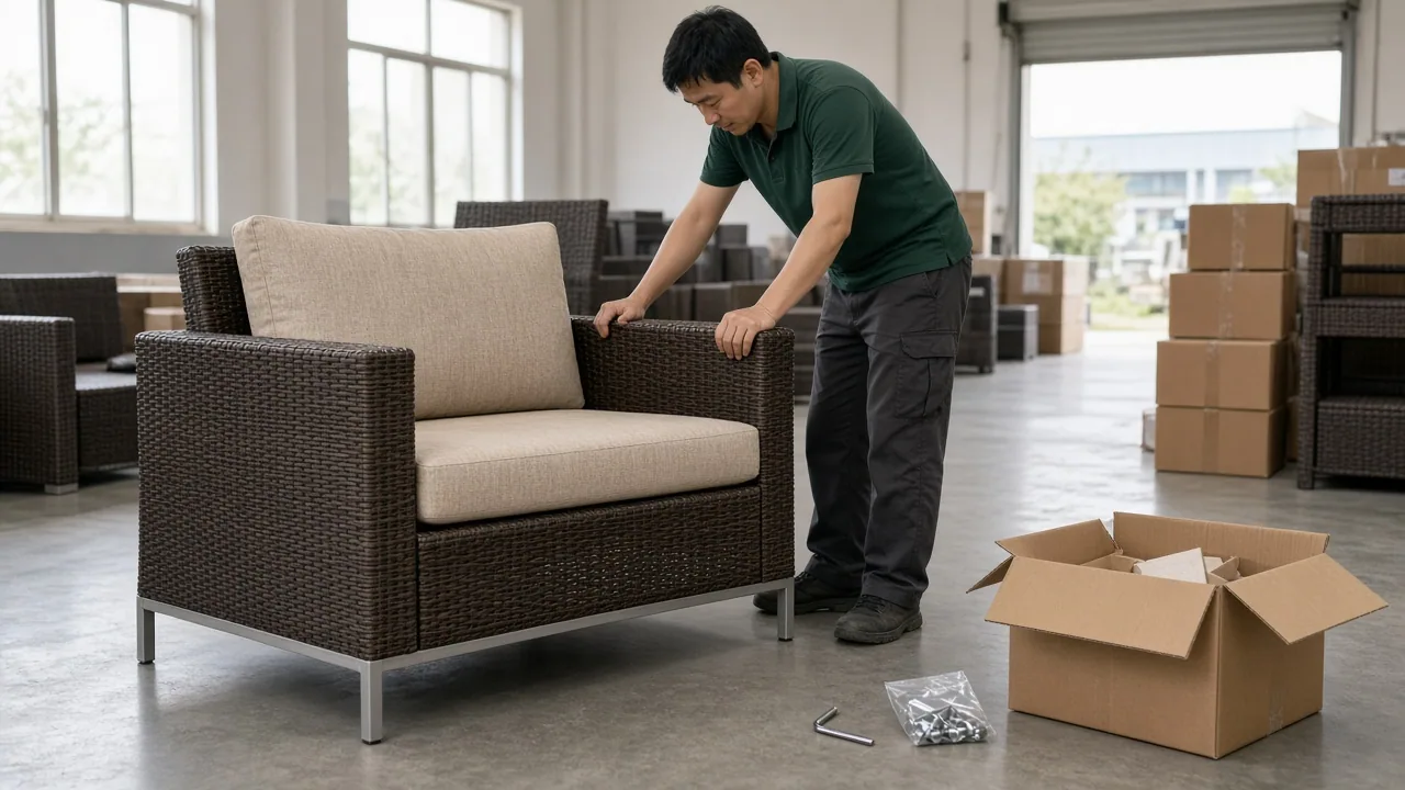 Inspector checking a woven outdoor armchair assembled from an opened export carton with hardware laid out
