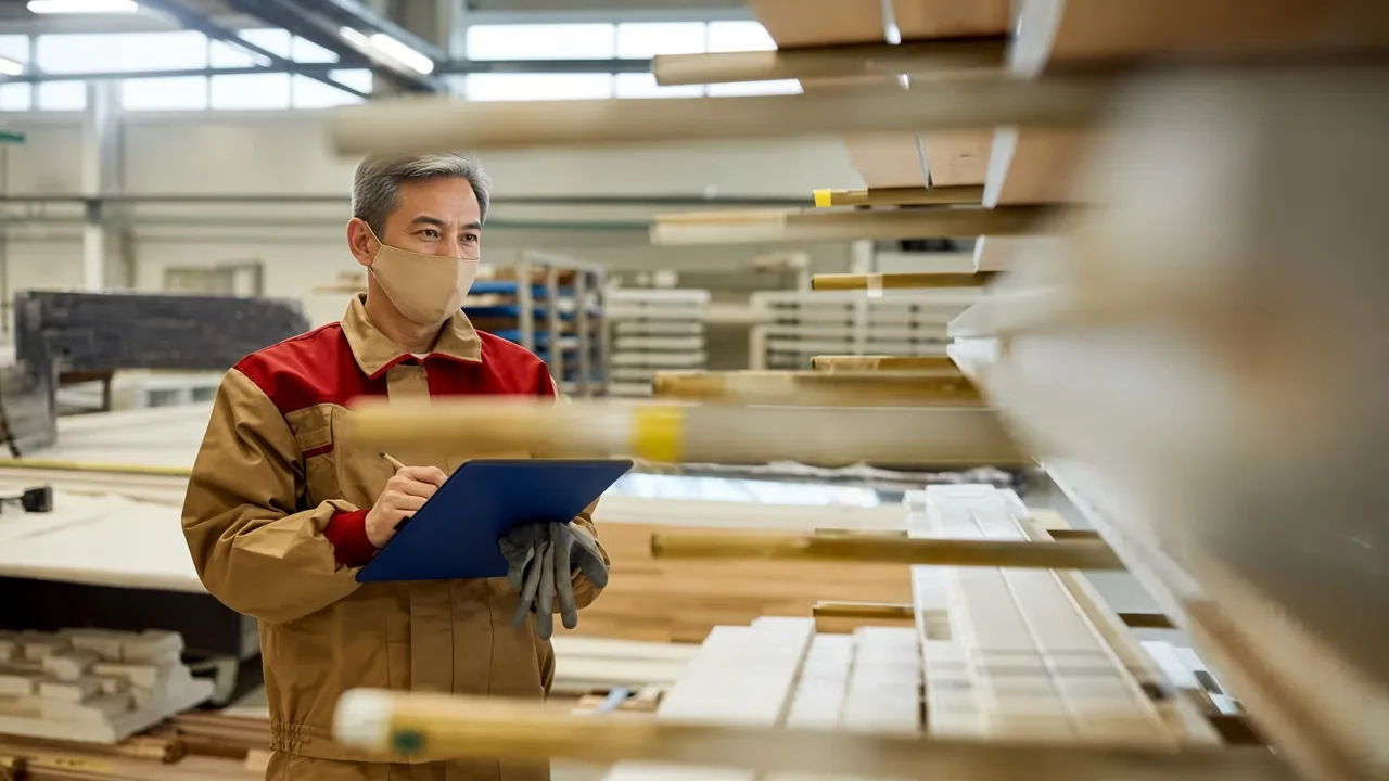 QC inspector with a clipboard checking stacked finished furniture frames in a factory