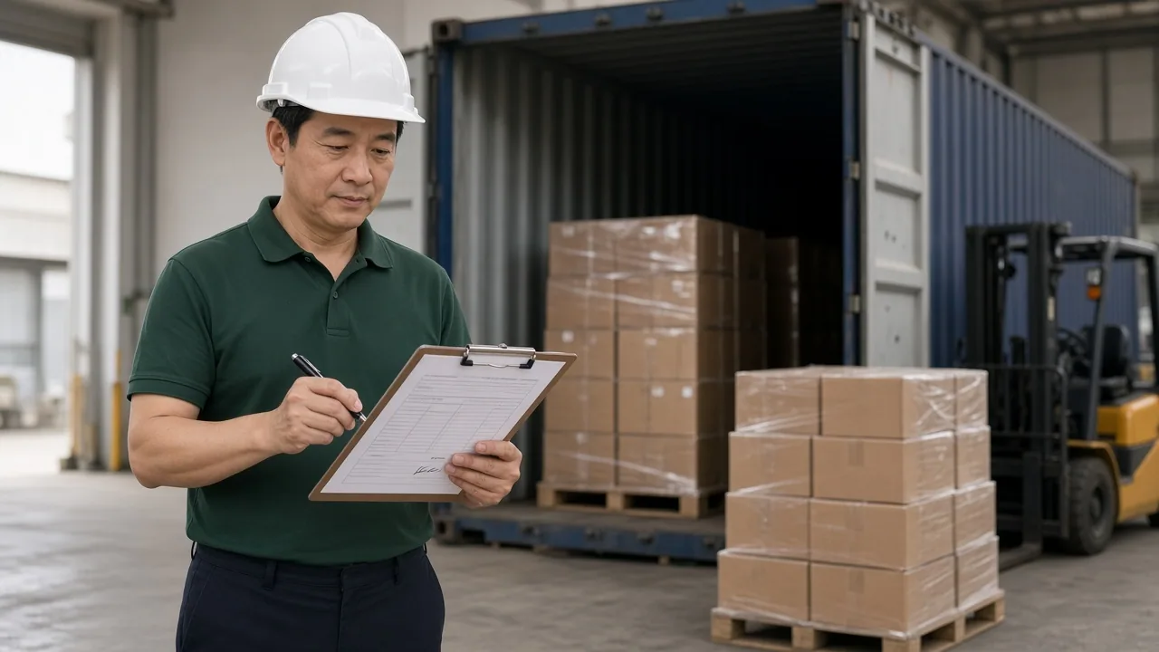 Warehouse QC manager signing a clipboard in front of a loaded shipping container and palletised cartons