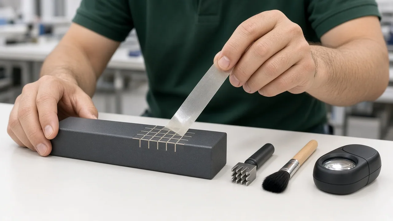 Cross-cut adhesion test being pulled with tape on a powder-coated rail, with test tools beside it