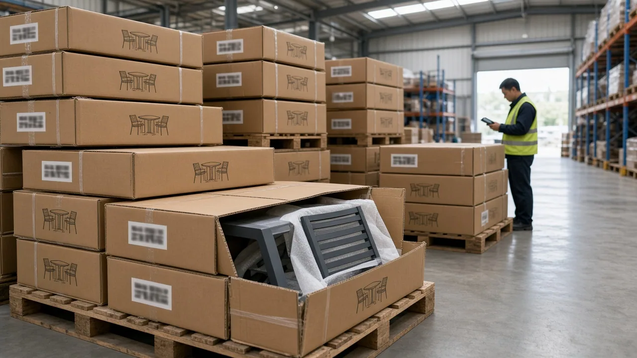 Pallet loads of packed furniture cartons in an export warehouse with an inspector checking labels