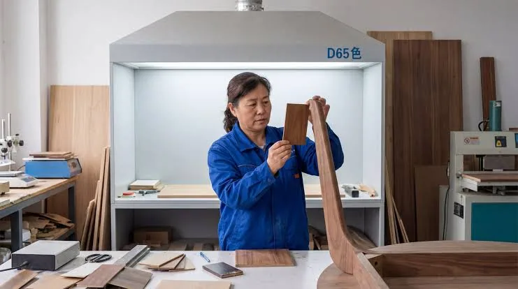 Quality inspector comparing wood veneer samples under a D65 colour-matching light booth