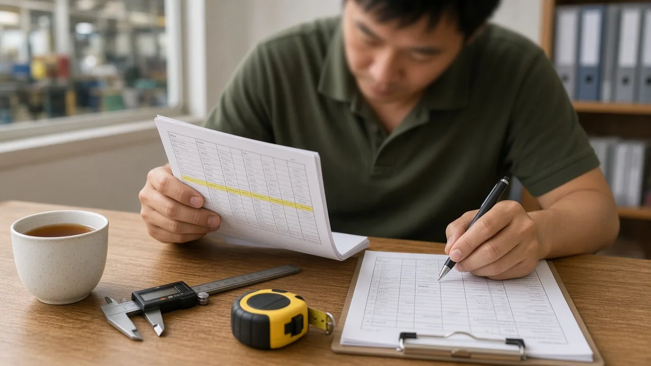 Inspector reading an ISO 2859-1 sample-size table and recording Ac/Re numbers on a tally sheet