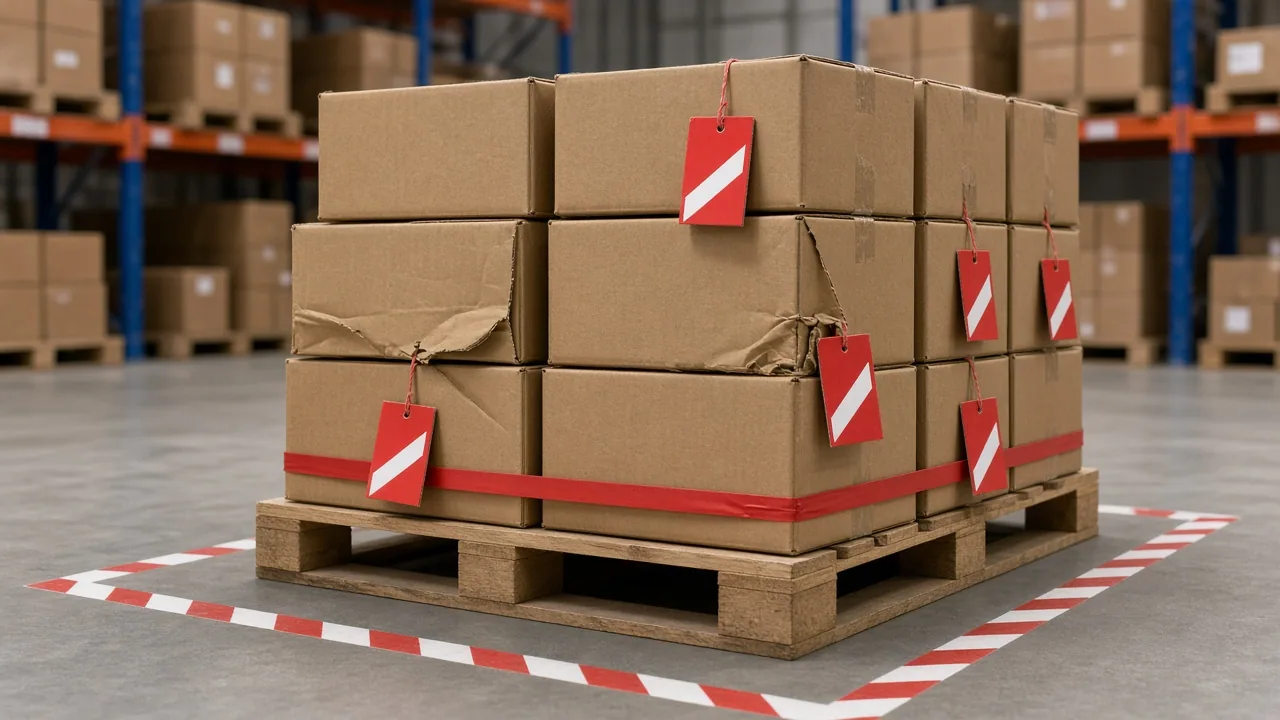 Blocked pallet of furniture cartons with red quarantine tags inside a warehouse