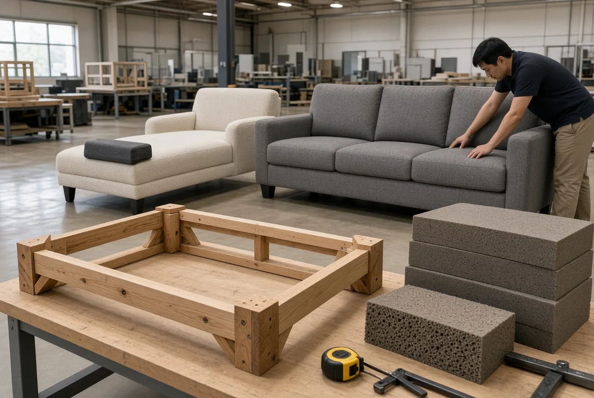 Factory inspector checking a commercial sofa while corner-block wood subframes and foam-density samples sit on the workbench