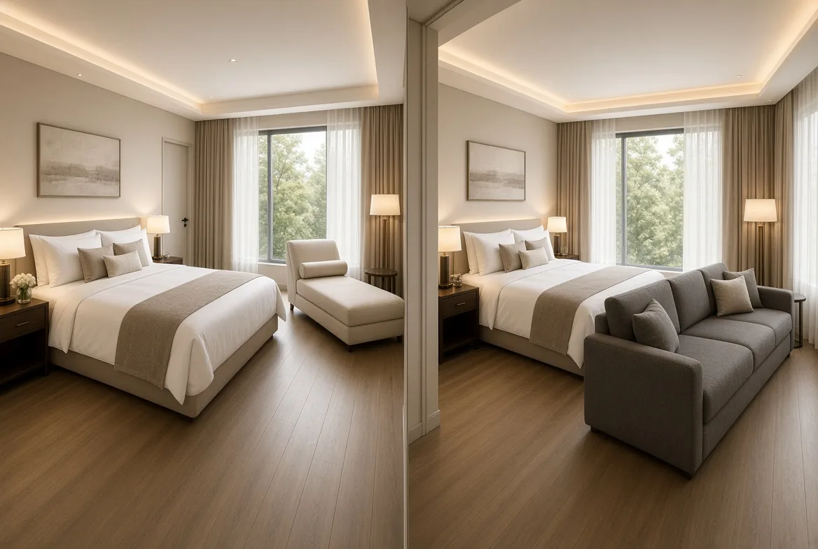 A chaise lounge and a sofa shown in the same hotel king suite to compare footprint and clear walkway