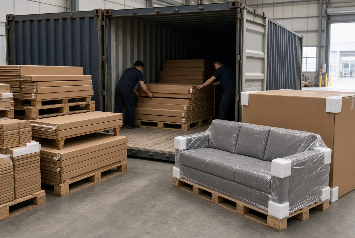 Flat-packed chaise cartons loading into a container beside a palletized assembled sofa, showing freight volume