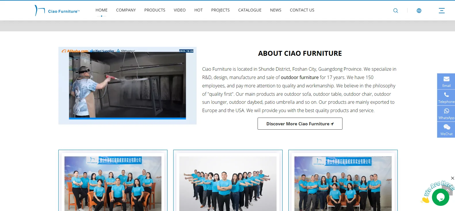 Ciao Furniture about page showing its Shunde outdoor furniture factory, powder coating line and production team