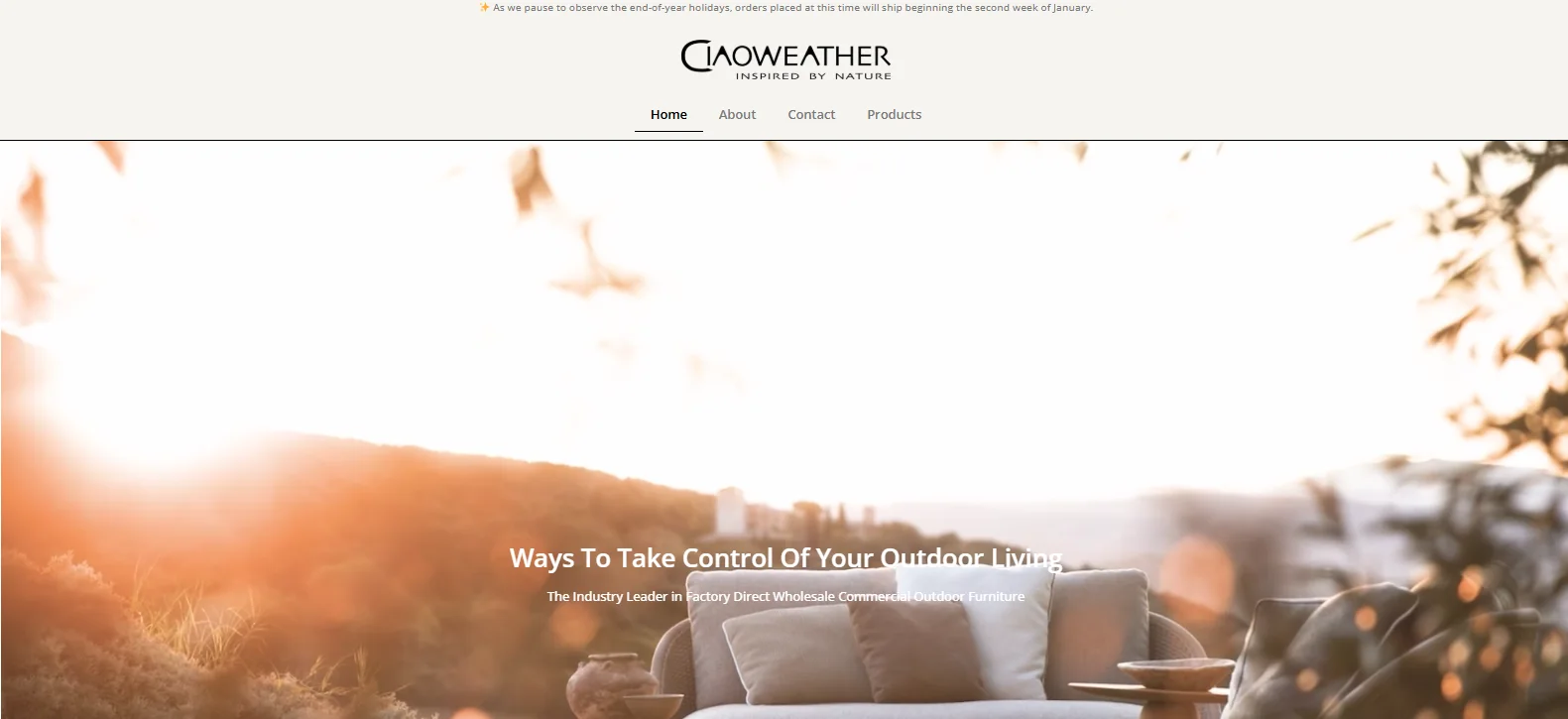 CiaoWeather outdoor furniture homepage with sunlit patio seating and factory-direct commercial collections