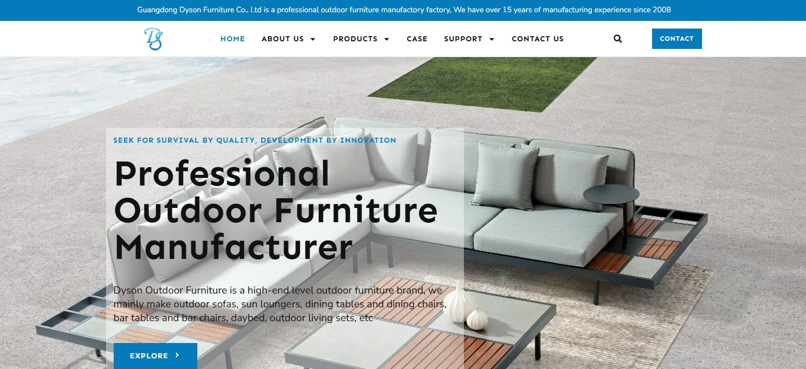 Guangdong Dyson Furniture homepage showing contemporary outdoor sofa, lounger and dining set manufacturing