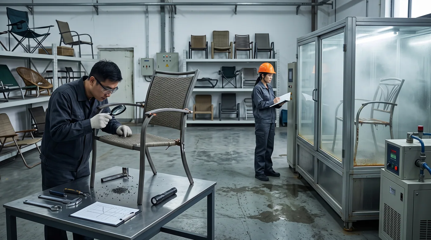 QC inspector examining a woven chair beside a salt spray corrosion chamber with samples inside
