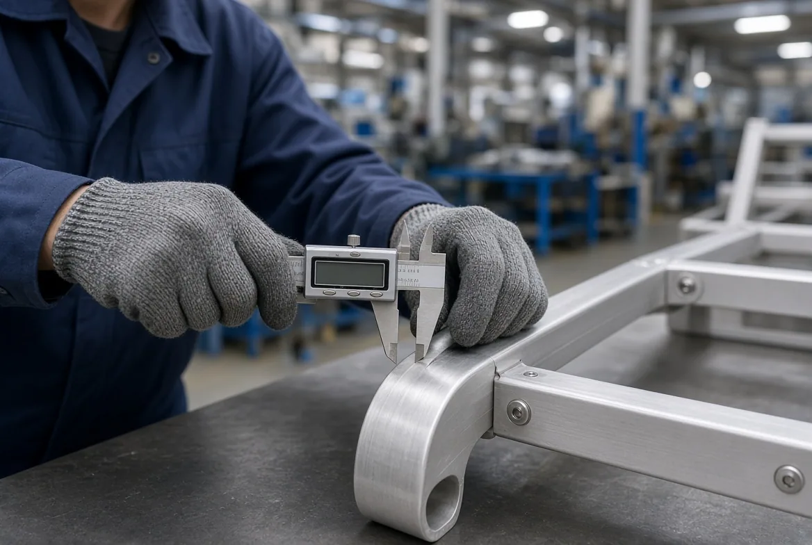 Factory technician in gloves using a digital caliper to measure the wall thickness of an aluminium chair frame before lab submission