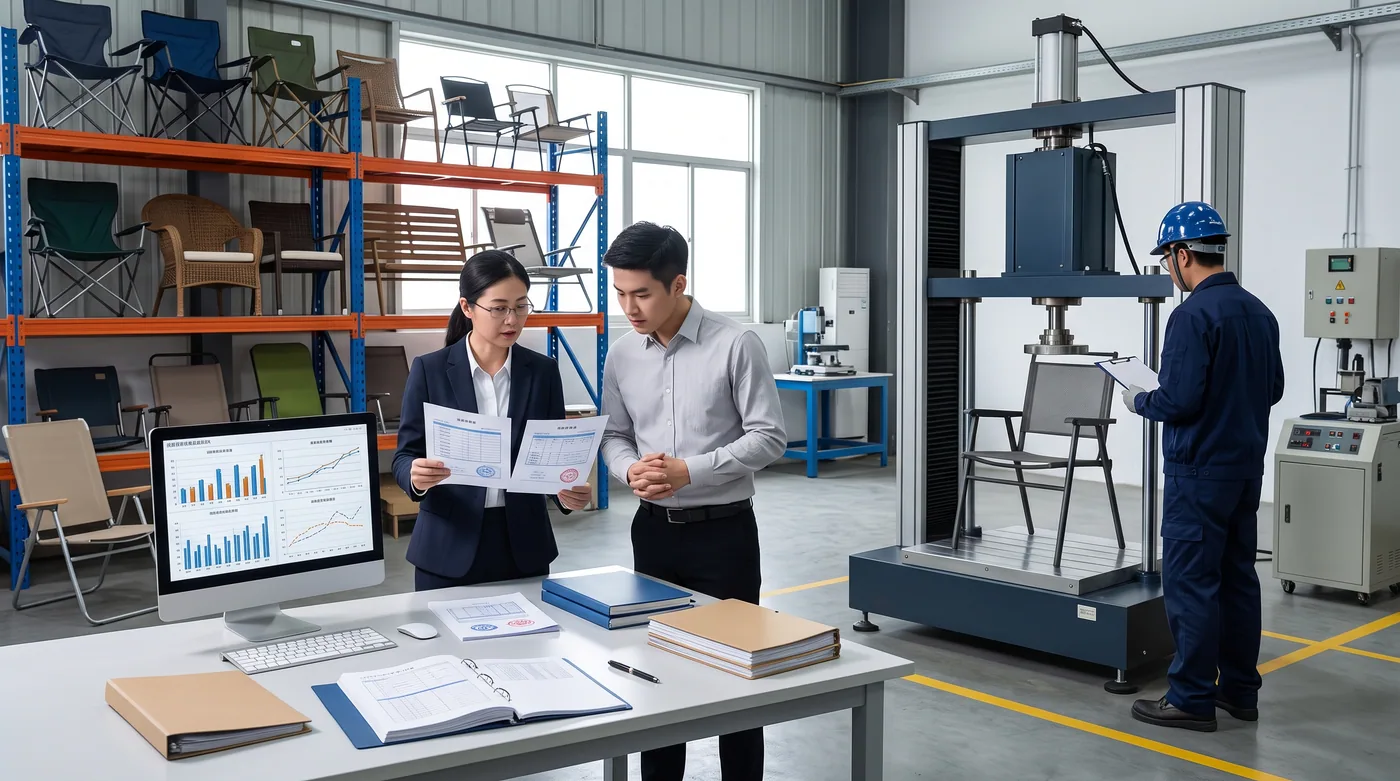 Sourcing team comparing supplier test reports at a desk beside a chair loaded into a compression testing machine