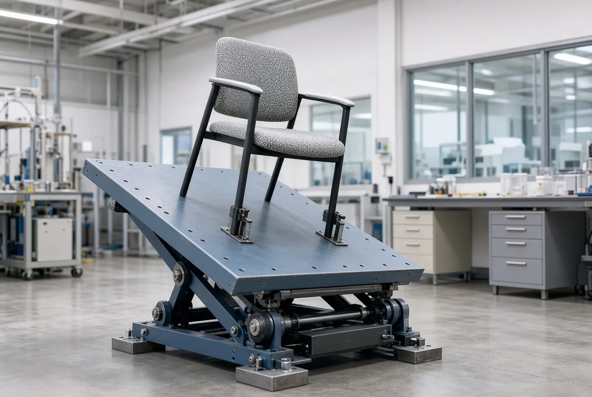 An upholstered chair strapped to a tilting stability platform used to measure forward and rearward tipping resistance