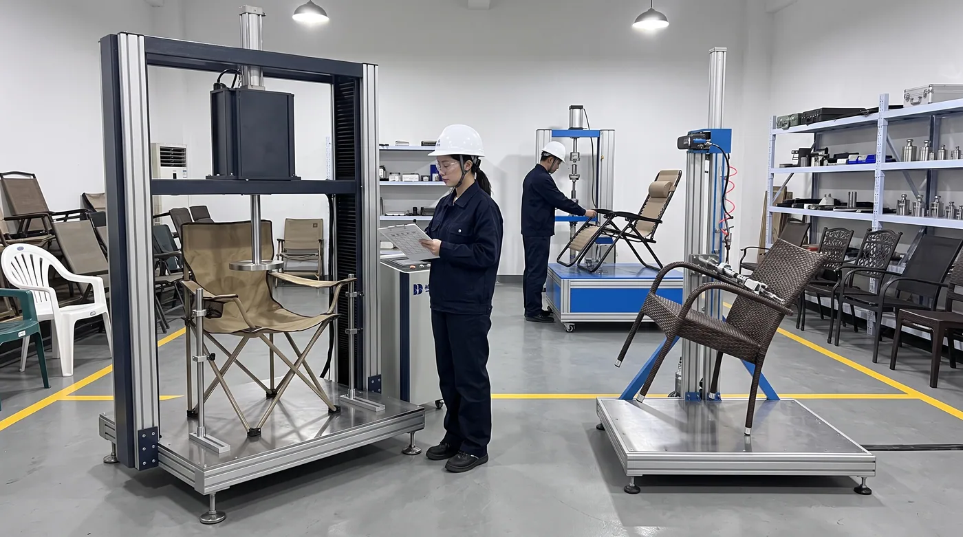 Rows of outdoor chairs mounted on pneumatic fatigue and static load test rigs inside a furniture testing laboratory